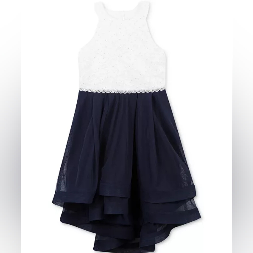 Speechless Girls High Low Lace Tulle Dress 12 White Navy Glitter Sleeveless